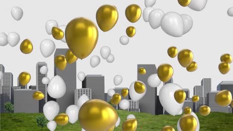 Digital-animation-of-multiple-balloons-floating-over-3d-city-model-against-white-background