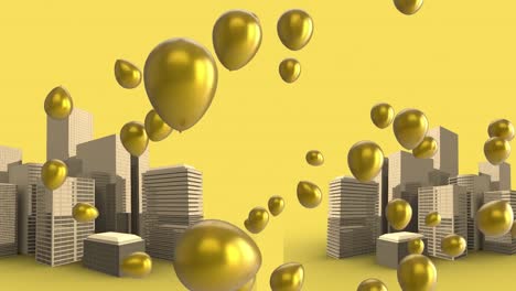 Digital-animation-of-multiple-balloons-floating-over-3d-city-model-against-yellow-background