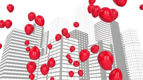Digital-animation-of-multiple-balloons-floating-over-tall-buildings-model-against-white-background