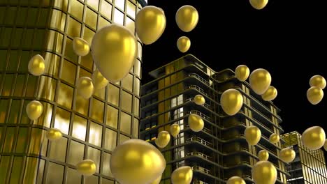 Digitale-Animation-Mehrerer-Ballons,-Die-über-Einem-3D-Stadtmodell-Vor-Gelbem-Hintergrund-Schweben