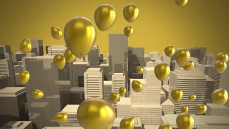 Animation-of-balloons-and-cityscape-on-green-background