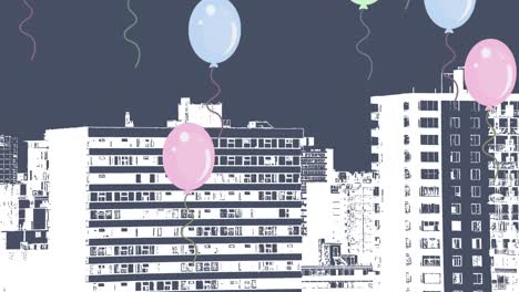 Digitale-Animation-Mehrerer-Ballons,-Die-über-Einem-3D-Hochhausmodell-Vor-Blauem-Hintergrund-Schweben