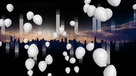 Digital-animation-of-multiple-white-balloons-floating-over-cityscape-in-background