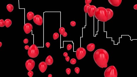 Animation-of-balloons-and-cityscape-on-black-background