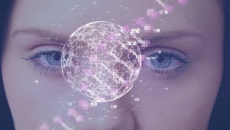 Animation-of-globe-and-data-processing-with-dna-strand-over-eyes-of-caucasian-woman