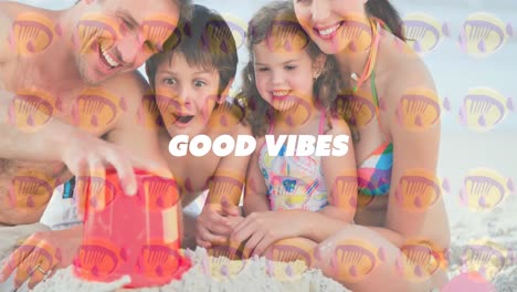 Animation-of-good-vibes-text-with-caucasian-family-at-beach