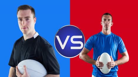 Animation-of-caucasian-male-rugby-players-holding-balls-over-blue-and-red-background