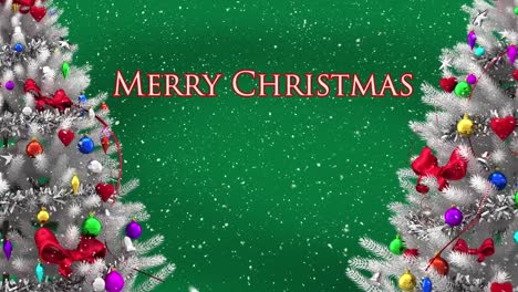 Animation-of-merry-christmas-text-and-snow-falling-over-christmas-trees-on-green-background