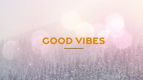Animation-of-good-vibes-text-over-snow-falling-and-trees