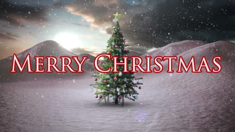 Animation-Des-Textes-„Frohe-Weihnachten“-Und-Schnee,-Der-über-Den-Weihnachtsbaum-In-Der-Winterlandschaft-Fällt