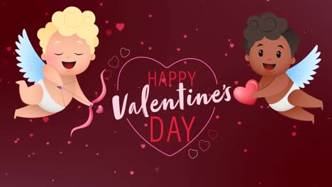 Animación-Del-Feliz-Día-De-San-Valentín-Con-Corazón-Y-Dos-Querubines-Sonrientes-Sobre-Fondo-Rojo