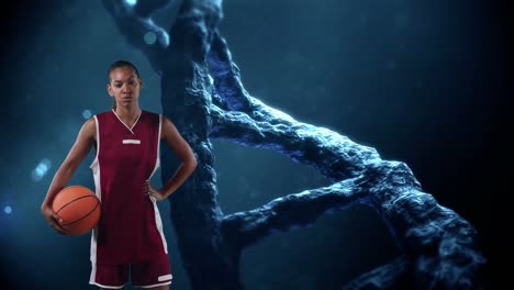 Animation-Von-Roten-Flecken-Und-DNA-Strang-über-Einer-Afroamerikanischen-Basketballspielerin