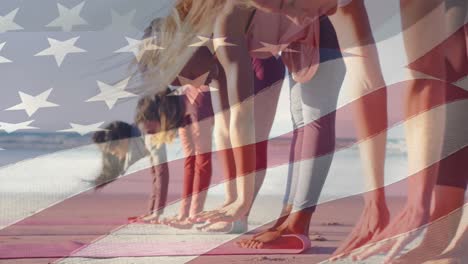 Animation-of-american-flag-over-diverse-women-exercising-at-beach