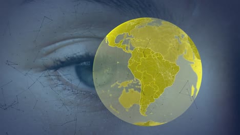 Animation-Von-Verbindungsnetzwerken-Und-Globus-über-Dem-Auge-Einer-Kaukasischen-Frau