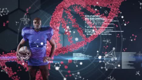 Animation-of-data-processing-and-dna-strand-over-african-american-american-football-player