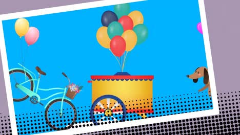Animation-of-bicycle,-dog-and-trolley-with-balloons-on-blue-background