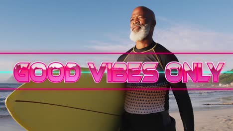 Animation-of-good-vibes-only-text-with-african-american-man-holding-surfboard
