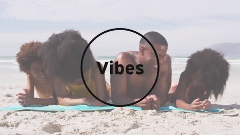 Animation-of-vibes-text-with-african-american-family-at-beach