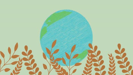 Animation-of-plants-over-spinning-globe-on-green-background