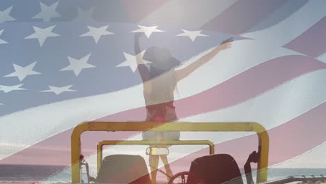 Animation-of-american-flag-over-caucasian-woman-sitting-on-car-and-raising-hands