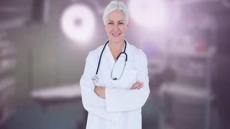 Animation-of-smiling-caucasian-female-doctor-over-blue-ribbon