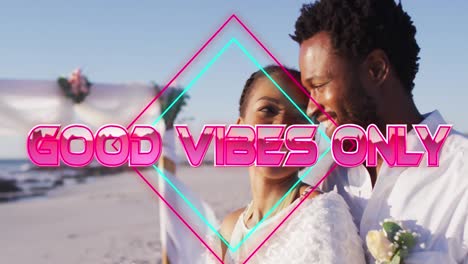 Animation-of-good-vibes-only-text-with-african-american-couple-at-beach