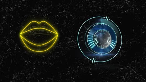 Animation-of-scope-scanning-and-neon-lips-on-black-background