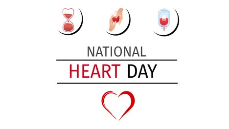 Animation-of-national-heart-day-text-over-heart-and-blood-icons-on-white-background
