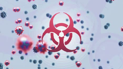 Animation-Schwebender-Viruszellen-Und-Biogefährdungssymbol-Auf-Blauem-Hintergrund