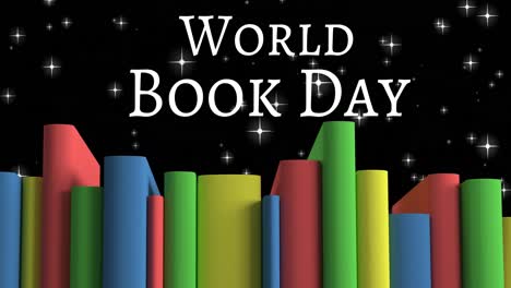 Animation-of-world-book-day-text-over-books-on-black-background