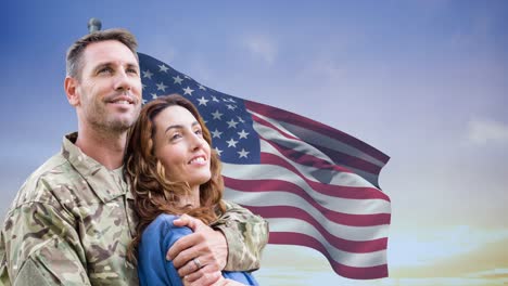 Animation-of-caucasian-male-soldier-with-wife-over-flag-of-usa