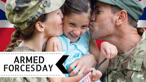 Animation-of-armed-forces-day-text-over-caucasian-male-and-female-soldiers,-daughter-and-flag-of-uk