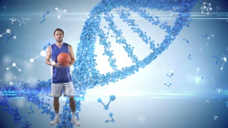 Animation-Von-Molekülen-Und-DNA-Strang-über-Einem-Kaukasischen-American-Football-Spieler