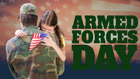 Animation-of-armed-forces-day-text-over-caucasian-male-soldier-with-daughter