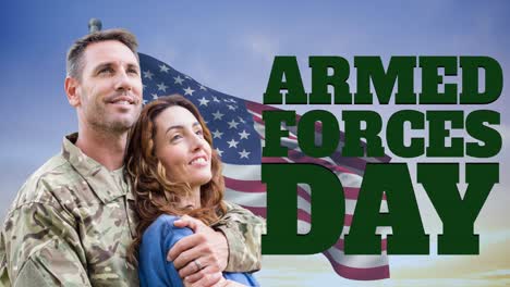 Animation-of-armed-forces-day-text-over-caucasian-male-soldier-with-wife