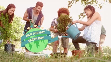 Animation-of-make-everyday-earth-day-over-diverse-people-gardening