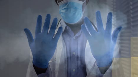 Animation-of-yellow-squares-moving-over-african-american-male-doctor-wearing-gloves-and-face-mask