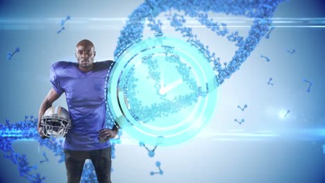 Animation-of-clock-and-dna-strand-over-african-american-american-football-player