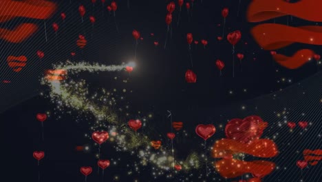 Animation-of-light-trail-and-heart-balloons-on-black-background