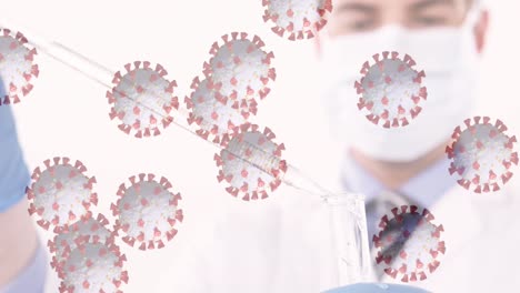 Animation-of-virus-cells-floating-over-caucasian-doctor-with-face-mask-taking-sample