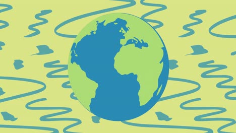Animation-of-smiling-globe-and-blue-pattern-on-green-background