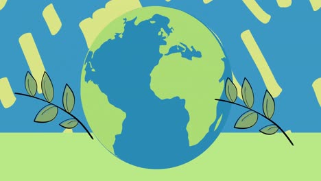 Animation-Von-Blättern-Und-Globus-Und-Grünem-Muster-Auf-Blauem-Hintergrund