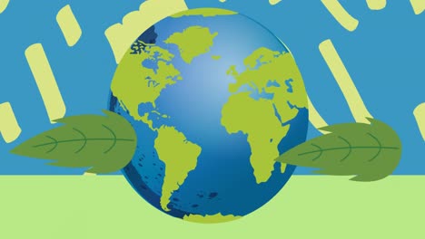 Animation-Von-Blättern,-Globus-Und-Grünem-Muster-Auf-Blauem-Hintergrund