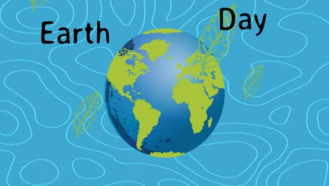 Animation-of-earth-day-text-over-arms-globe-and-leaves-on-blue-background