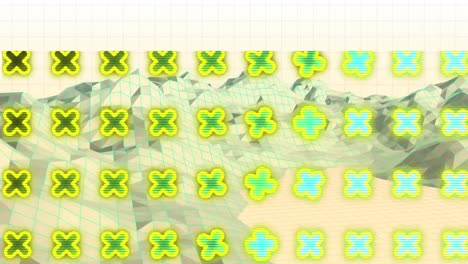 Animation-of-rotating-yellow-crosses-pattern-over-metaverse-background