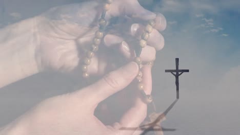 Animation-of-caucasian-woman-praying-with-rosary-over-cross-and-clouds