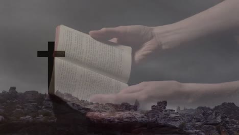 Animation-Einer-Kaukasischen-Frau,-Die-über-Kreuz-Und-Wolken-Die-Bibel-Liest