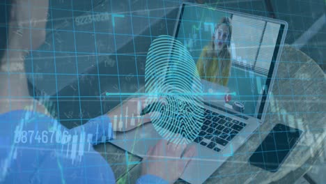 Animation-of-data-processing-and-security-fingerprint-over-woman-using-laptop