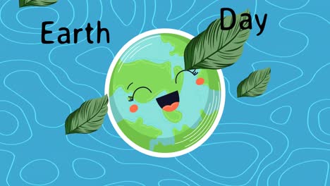 Animation-of-earth-day-text-over-arms-smiling-globe-and-leaves-on-blue-background