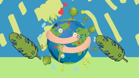Animation-Von-Um-Den-Globus-Geschlungenen-Armen-Und-Blättern-Auf-Blauem-Hintergrund